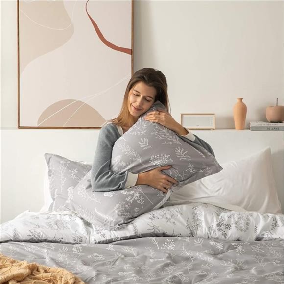 Queen Comforter Set - Grey Comforter Cute Floral Bedding Comforter Sets 3 Pieces - Picture 4 of 6